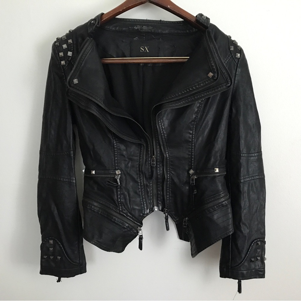 Women's Punk Studded Faux Leather Moto Jacket